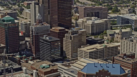 des moines iowa circling aerial of the skyscraper office and apartment blocks of downtown - 6k smooth professional footage - august 2020