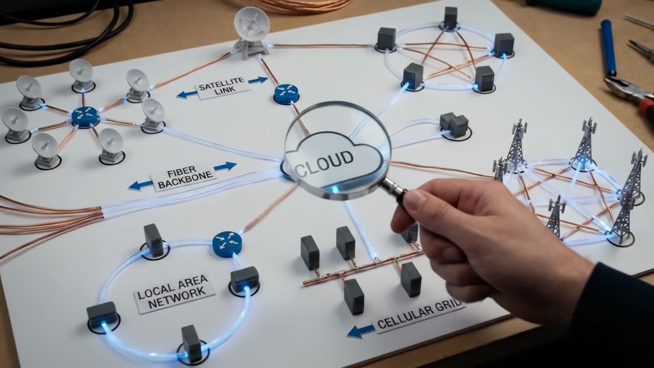 Hand Magnifying Cloud Icon on Network Infrastructure Model