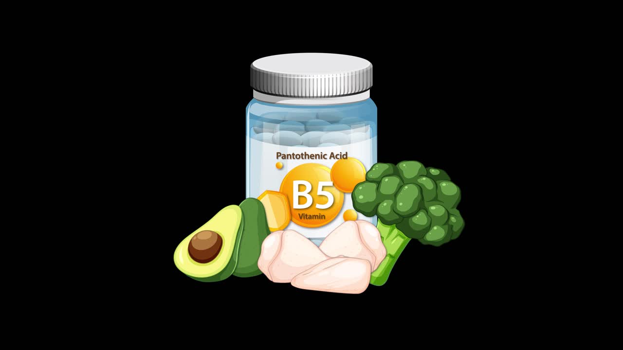 Vitamin B5 bottle and nutritious foods animate together on black background, smooth transitions, digital style
