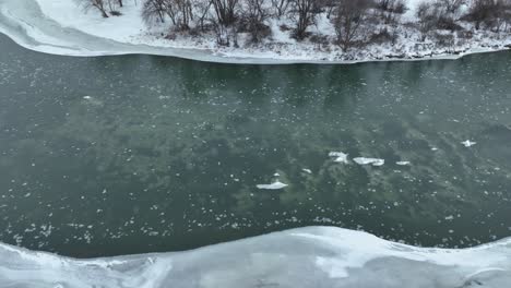 overhead view of ice floating down a river in rural washington