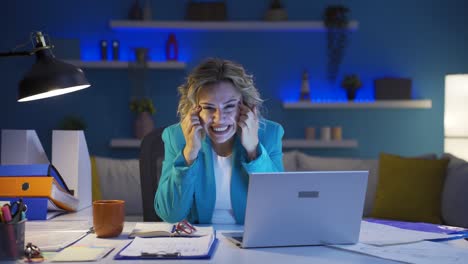 home office worker woman making cute gesture at camera.