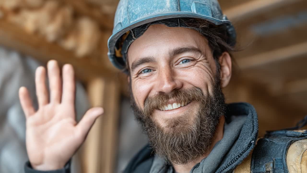 A Friendly Construction Worker Waves Goodbye with a Bright Smile, Showcasing the Human Element of Construction Sites and the Joy of a Job Well Done
