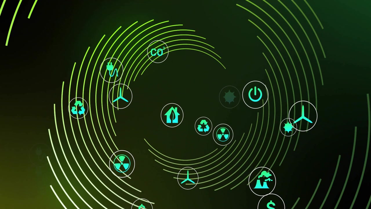 Spiral rotating guiding plug, dollar, recycle and wind icons inward along arcs showing energy flow