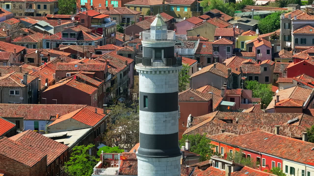 Aerial drone view of the Murano Lighthouse, at daytime Venice, Italy