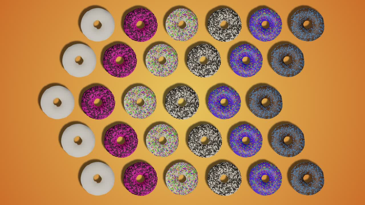 Pointer arrow made of delicious donuts with colorful icing and sprinkles on orange background