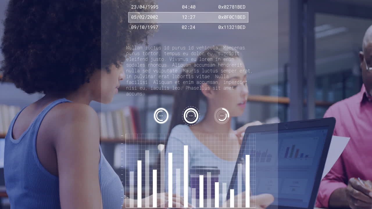 Data analysis and coding animation over diverse business people working in office