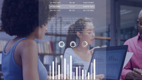 data analysis and coding animation over diverse business people working in office