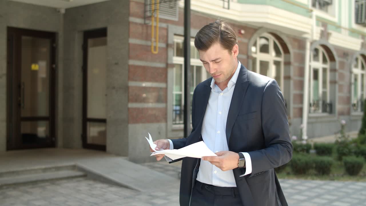 Closeup businessman walking to job. Man going to work with smile at street