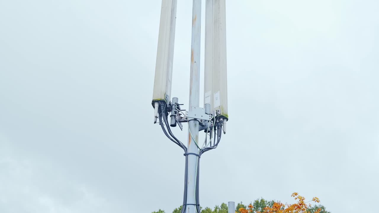 Unità di amplificazione radio grigie su inclinazione dell'albero verso antenne a settore alte sotto la pioggia