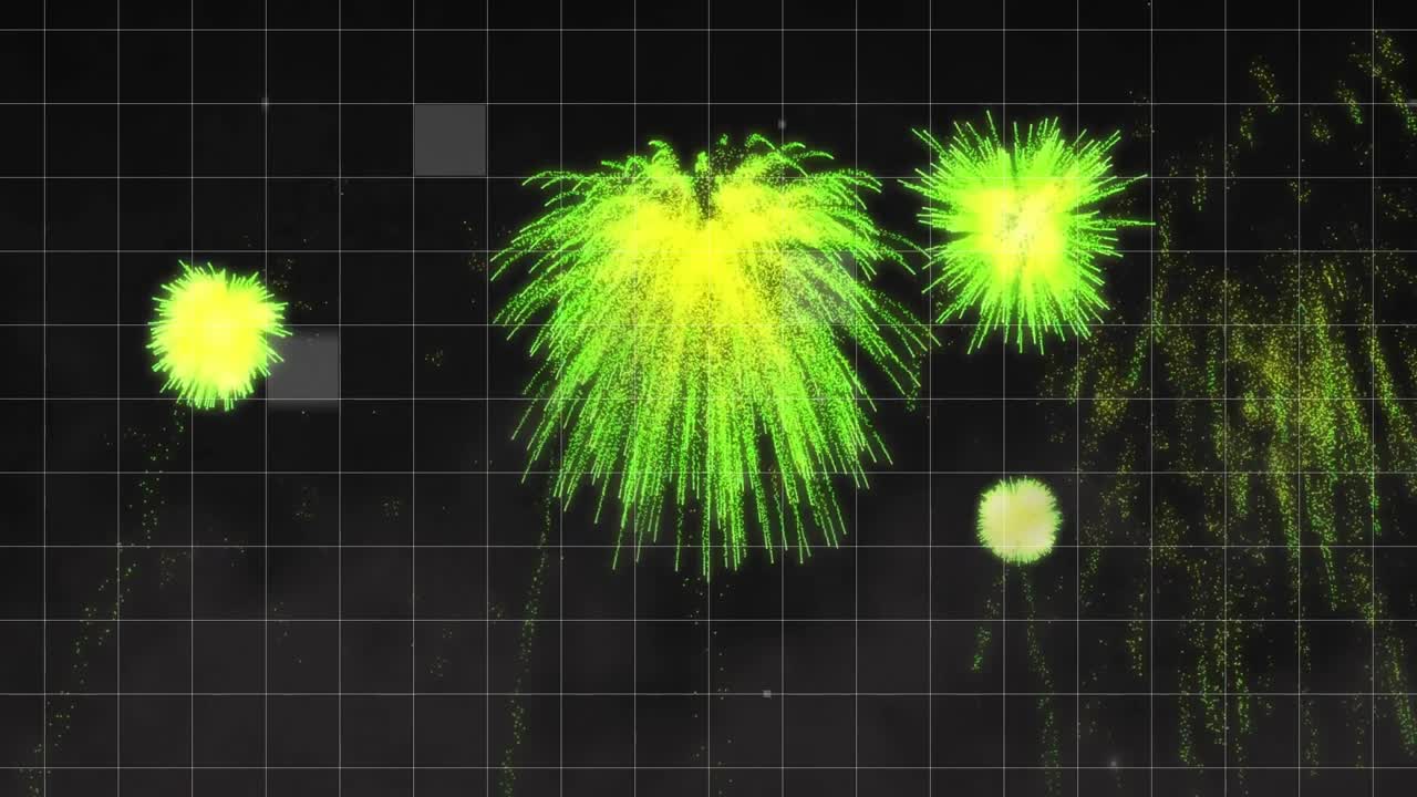 Glowing streak rising from grid, fireworks bursting into green-yellow bursts for celebration