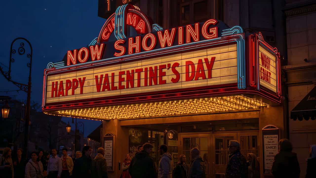 Đám đông đang vẽ mặc áo khoác trên vỉa hè, bảng hiệu đèn neon NOW-SHOWING hắt ánh sáng, thông điệp ngày lễ Tình nhân