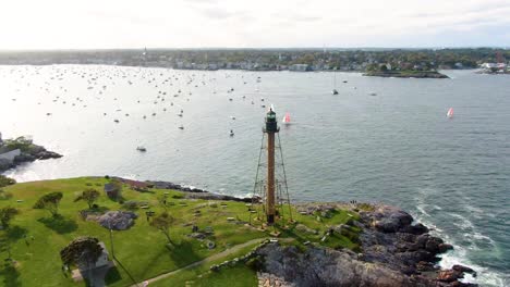 aerial view of marblehead light in marblehead neck in essex county, massachusetts - drone shot