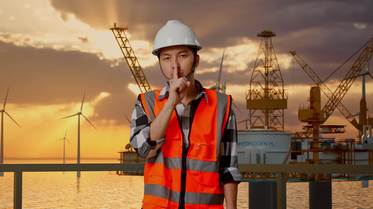 Engineer on Oil Rig at Sunset