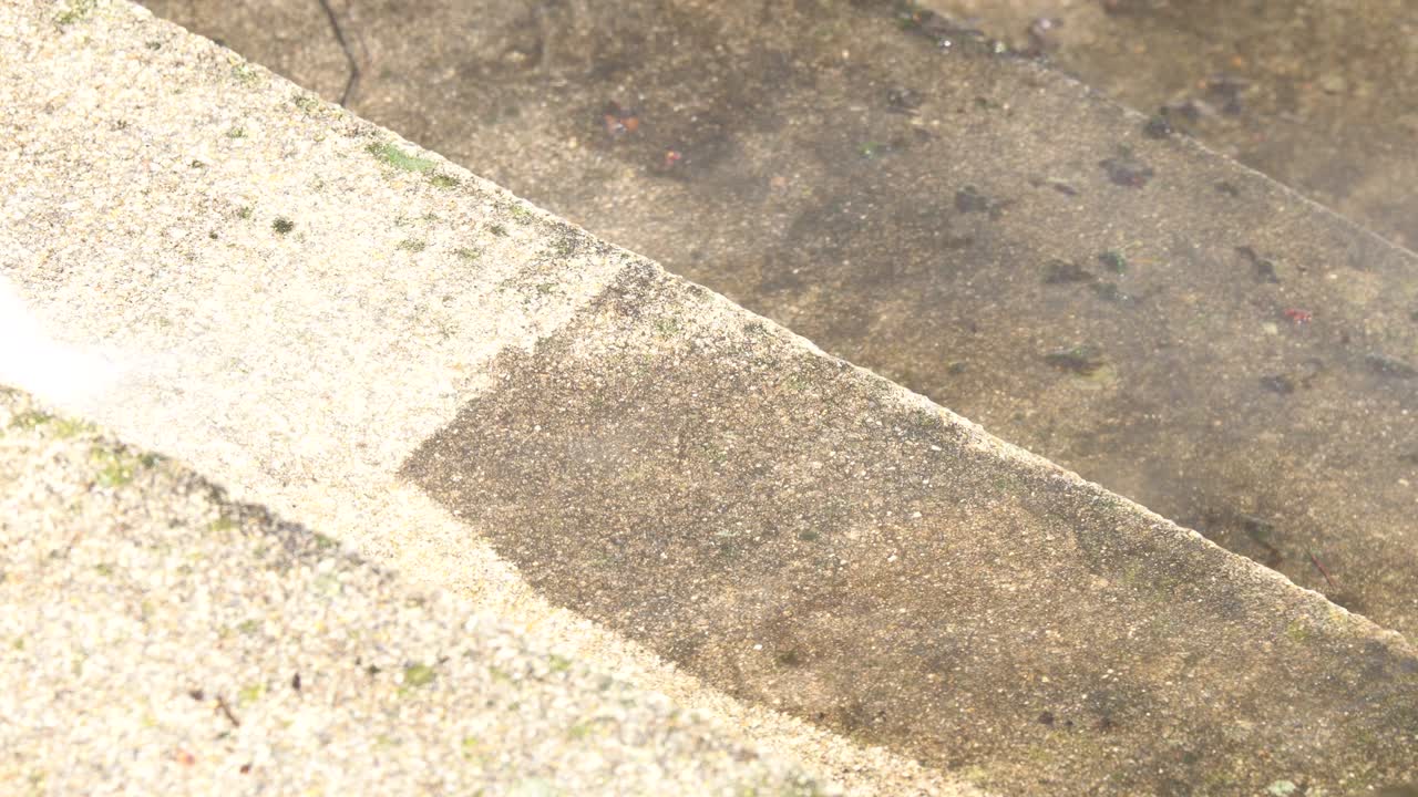 계단을 고압 청소기로 청소합니다.