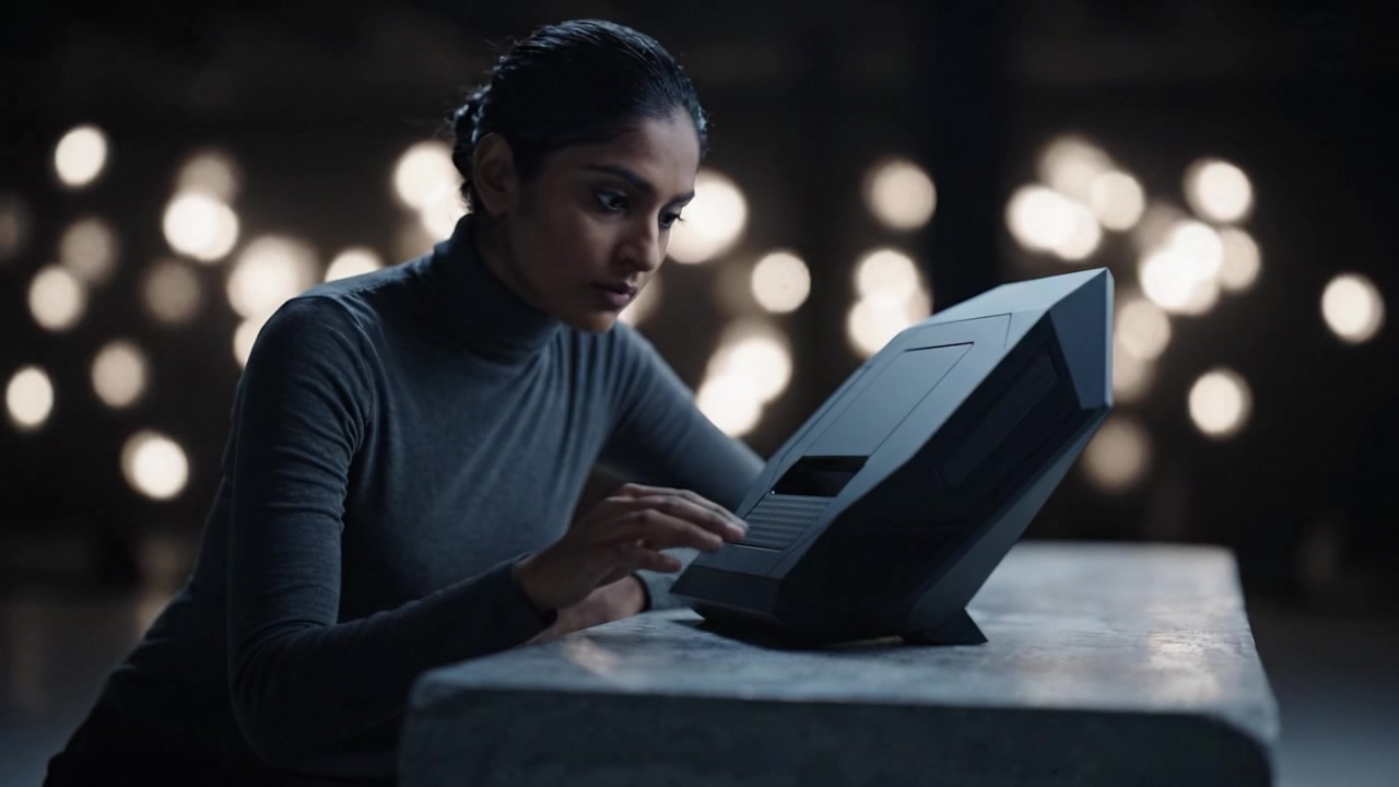 Een geconcentreerde vrouw interageert met een geavanceerd apparaat, dat technologie en contemplatie toont te midden van een zacht verlichte achtergrond voor een boeiend visueel verhaal