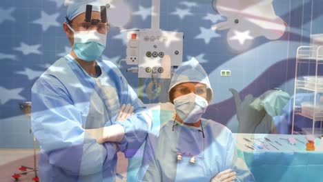 Animation-of-flag-of-usa-waving-over-surgeons-in-face-masks