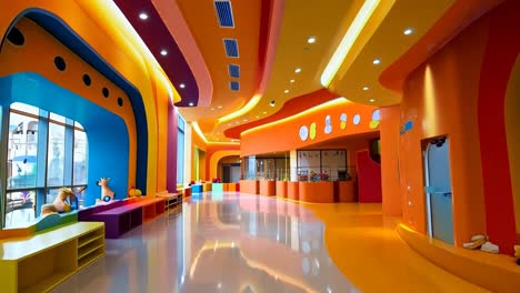 a brightly colored children's playroom with colorful walls and flooring