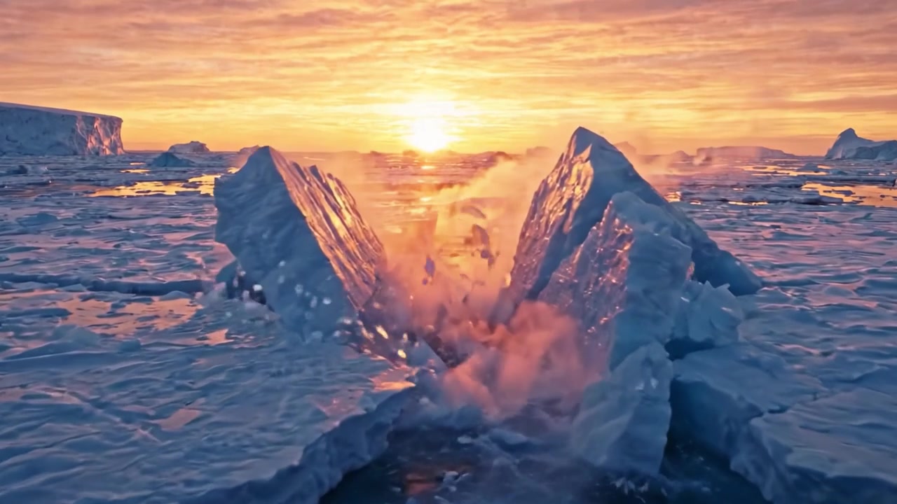 Un tramonto mozzafiato su un paesaggio artico ghiacciato, che illumina il ghiaccio e l'acqua con tonalità calde, catturando lo straordinario contrasto della natura tra freddo e calore