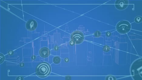 Animation-of-network-of-connections-with-data-processing-over-cityscape