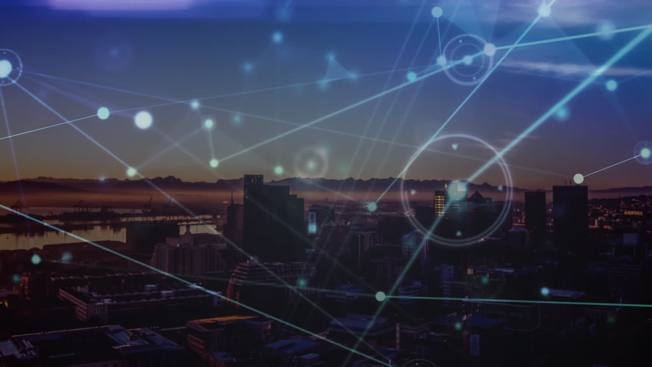 animación de la red de conexiones y senderos de luz azul contra la vista aérea del paisaje urbano