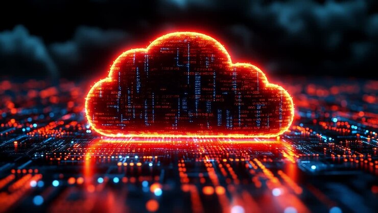 Digital cloud computing visuals. A glowing cloud shape is depicted above a digital landscape filled with vibrant circuitry, representing data technology.