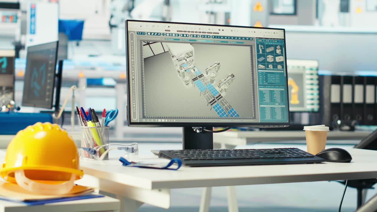 monitor di computer in una fabbrica fotovoltaica vuota utilizzato per diagnosticare i sistemi