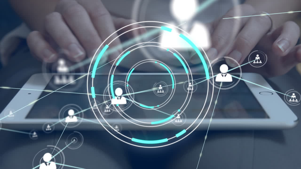 Animation of network of connections and scope scanning over woman using digital tablet