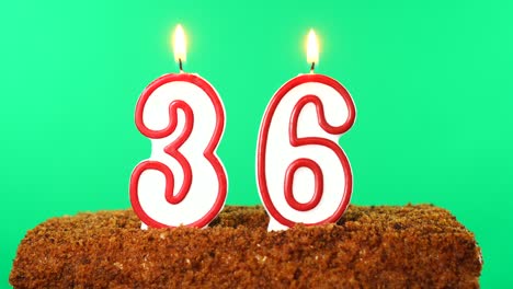 cake with the number 36 lighted candle. chroma key. green screen. isolated