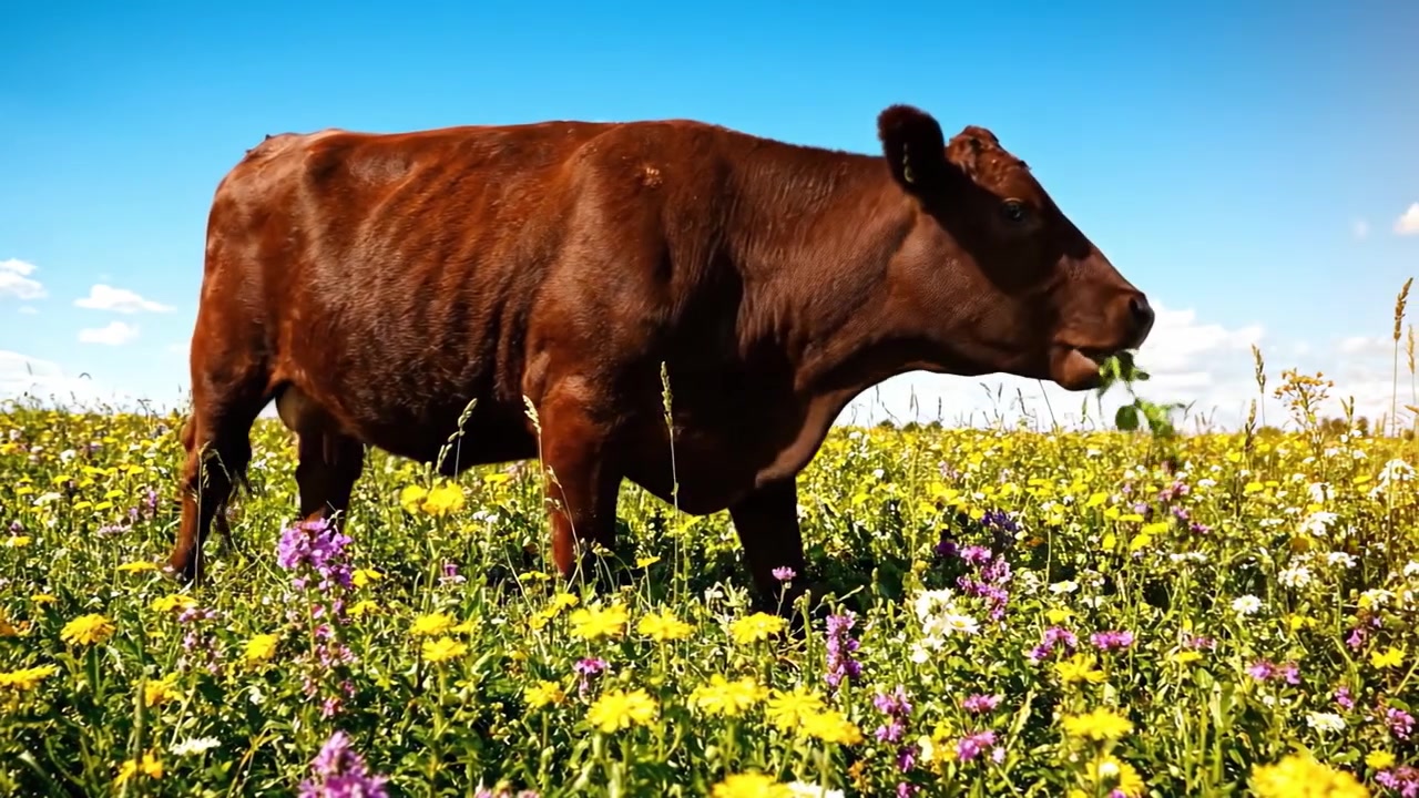 Una Mucca Marrone al Pascolo in un Campo Vibrante di Fiori Selvatici Sotto un Cielo Azzurro Splendente in una Giornata di Sole, che Cattura l'Essenza della Vita Rurale Tranquilla e della Natura