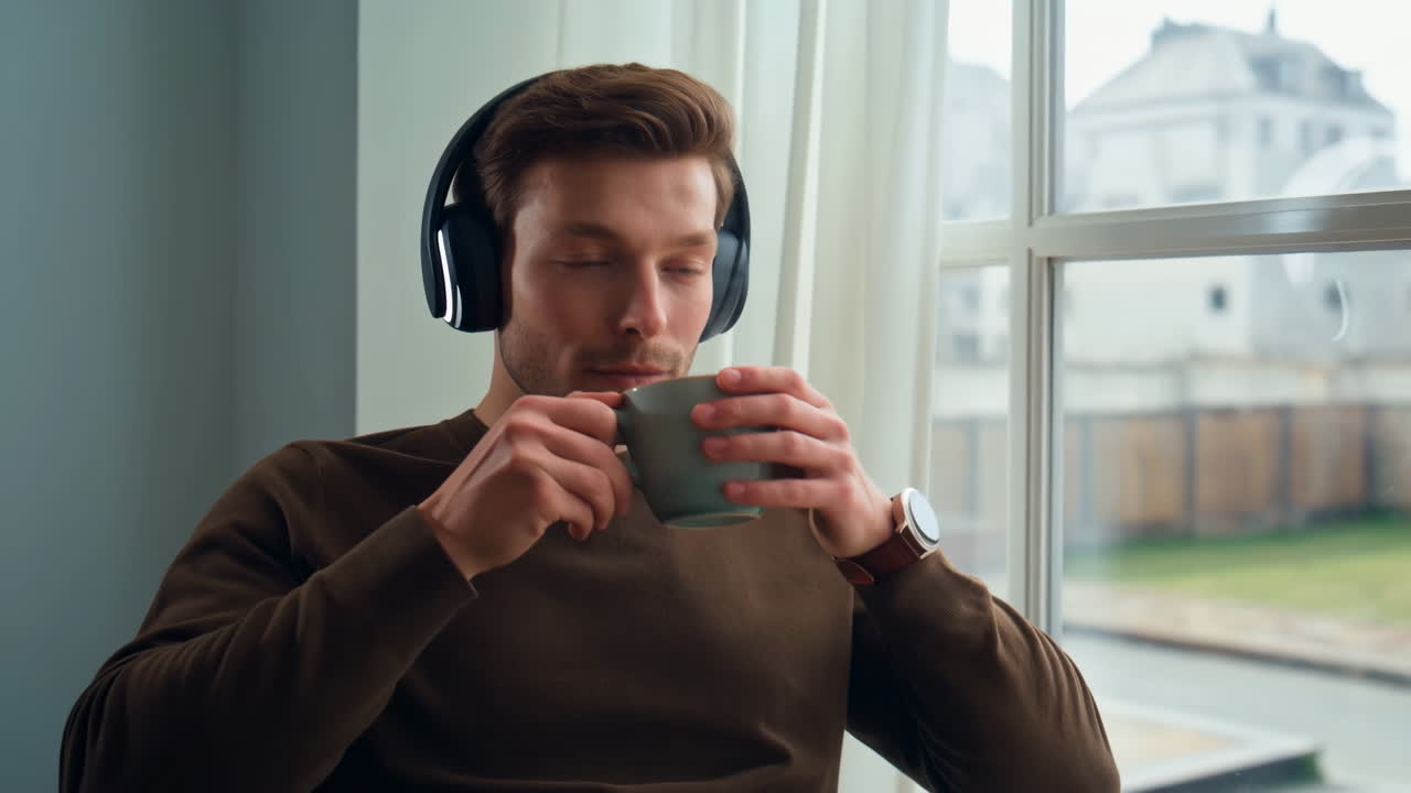 Ung mand med hovedtelefoner drikker varm drik ved vindue