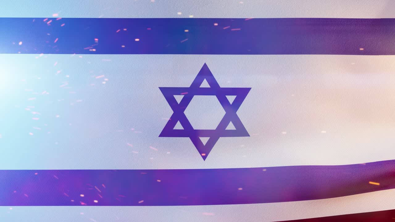 Bandiera di Israele che sventola con scintille e nebbia; Sfondo politico in loop continuo