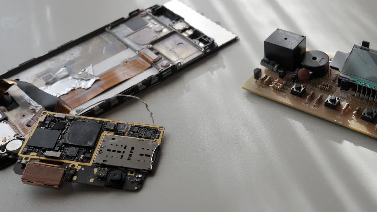 Disassembled mobile phone circuit board and electronic components on the table