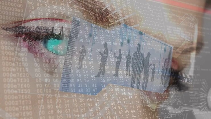 Vertical video: Woman eye glowing cyan starting HUD rings and data forming panel rising mapping IDs