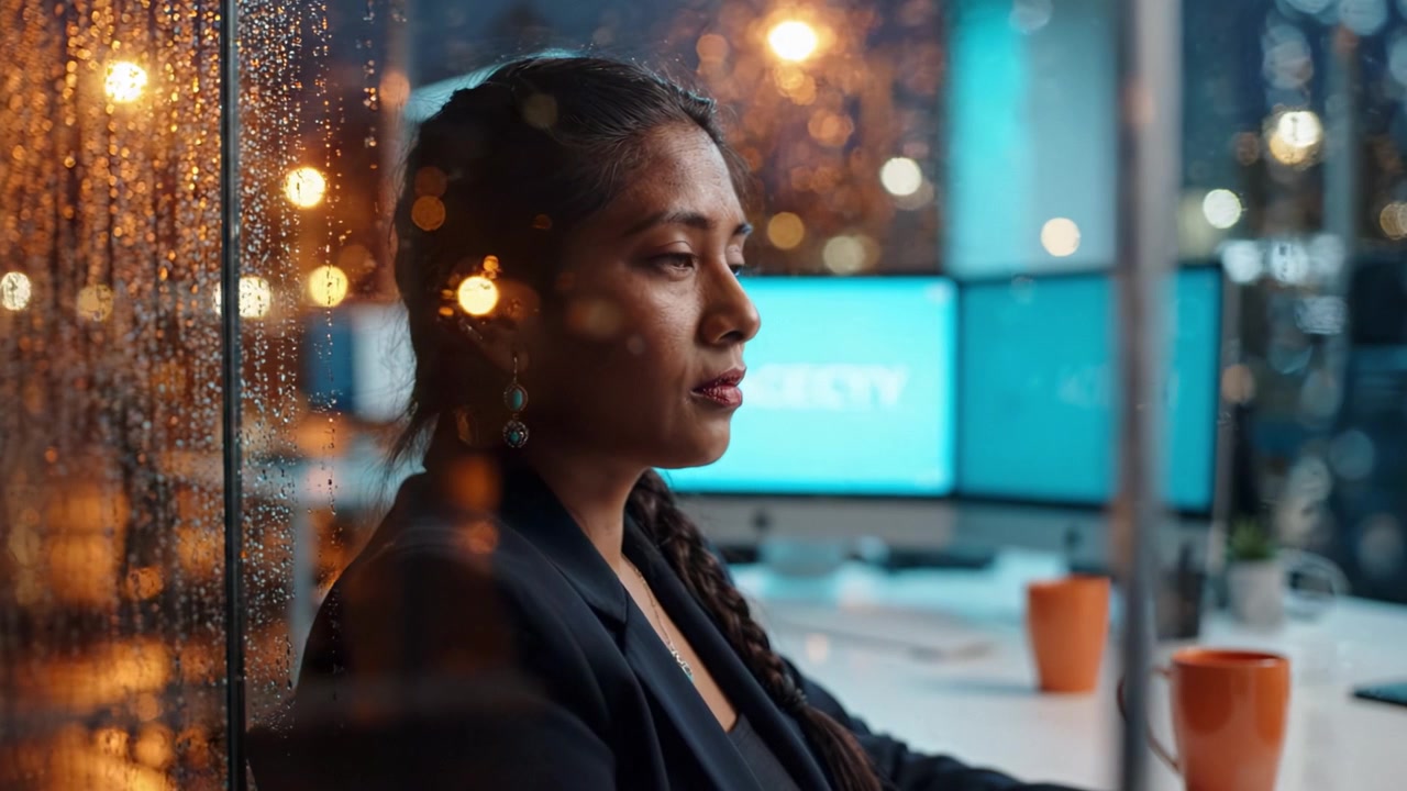 Focused Professional in Modern Office with City Lights and Raindrops Reflecting on Glass Amidst a Productive Evening Atmosphere