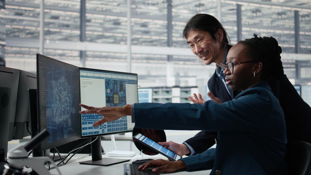 Senior manager and woman using AI to optimize microchip production