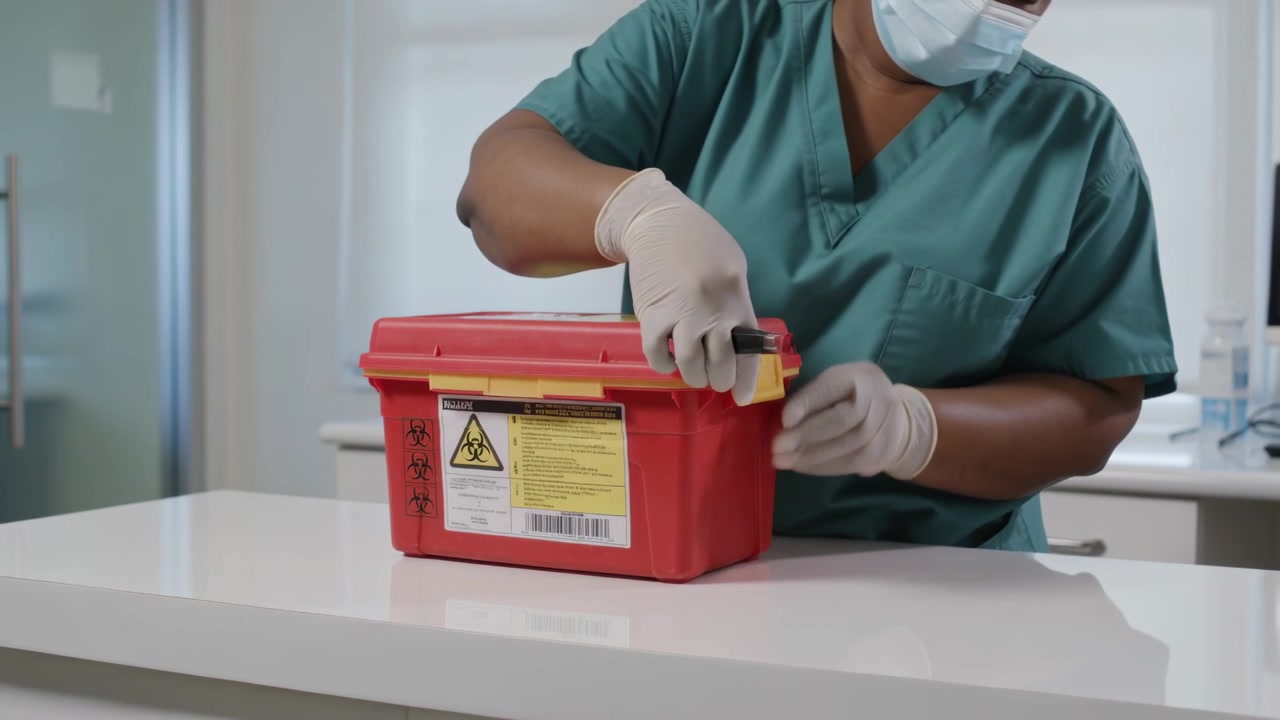 Colocando un contenedor de objetos punzantes en la clínica, personal con uniforme médico usando un marcador para asegurar el pestillo amarillo para su eliminación.