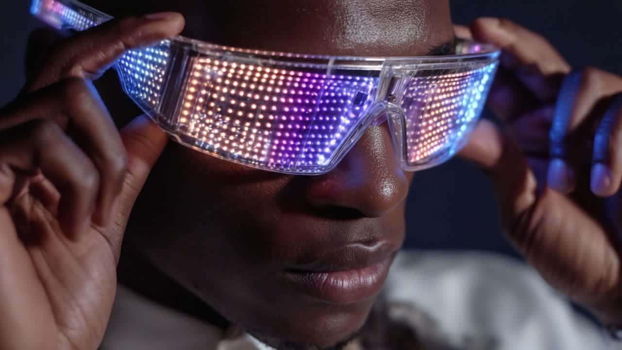Un'esplorazione ravvicinata di occhiali avanzati a emissione di luce che mostrano un design futuristico e impressionanti caratteristiche tecnologiche con colori vivaci.
