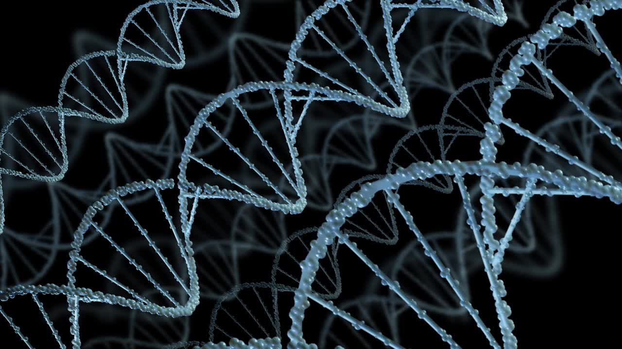 animación 3d de adn en fondo azul. holograma azul brillante giratorio de adn doble hélice. conceptos de ciencia y medicina. render 3d