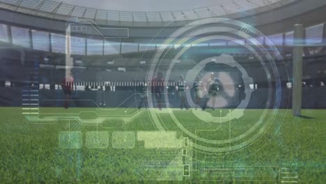 animation of data processing and rugby players over sports stadium