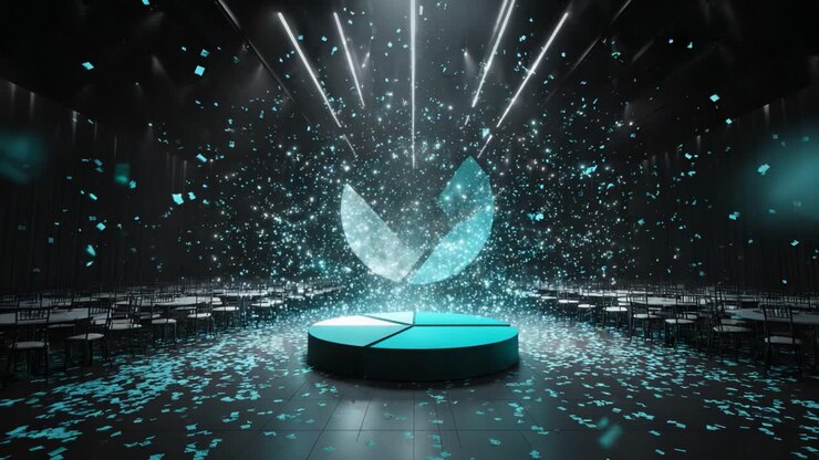 Abstrakt lagkagediagram-ikonhologram, der lyser over en scene i en mørk, tom konferencesal, mens digital konfetti daler ned. Koncept for datavisualisering, finansanalyse og virksomhedspræsentation.