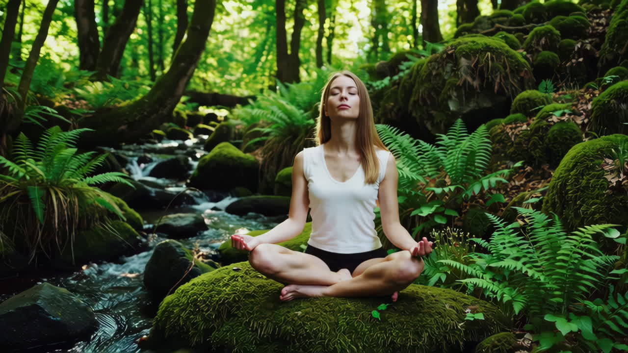 Woman Meditating in a Lush Forest by a Stream