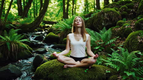 woman meditating in a lush forest by a stream