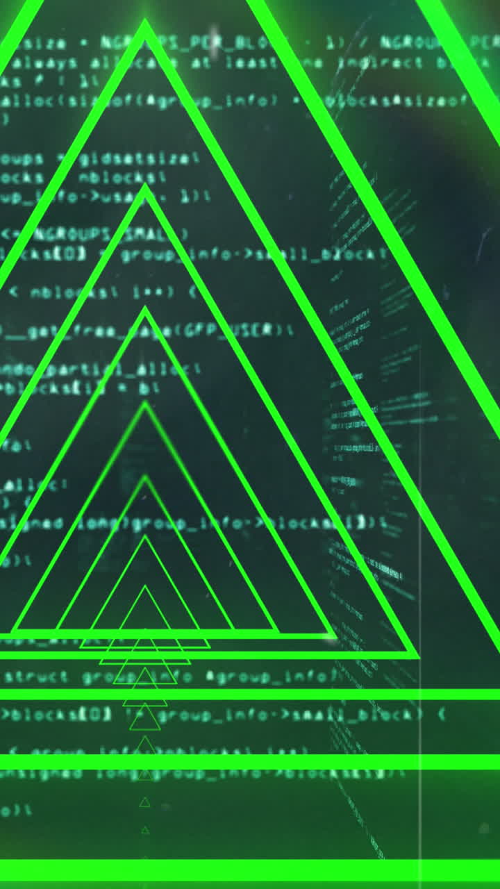 Animation of green neon geometrical shapes over data processing