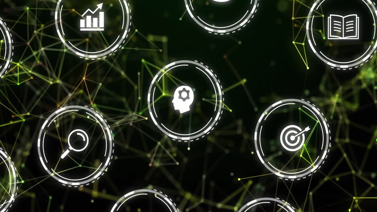 Animation of falling education icons over network of connections on dark background