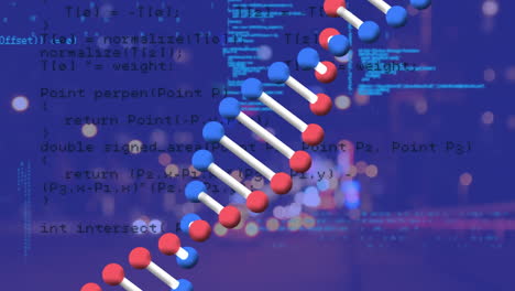 animación del hilado de la cadena de adn y el procesamiento de datos en fondo púrpura