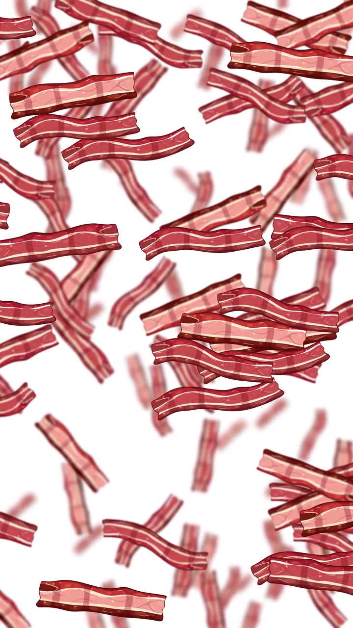 Animazione verticale in loop di strisce di pancetta animate che piovono verso il basso su uno sfondo bianco brillante