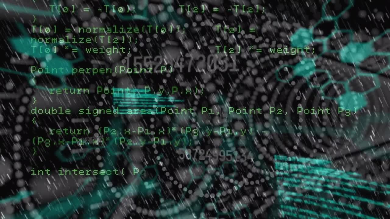 Animation of computer language over circular tunnel against molecules structures in background