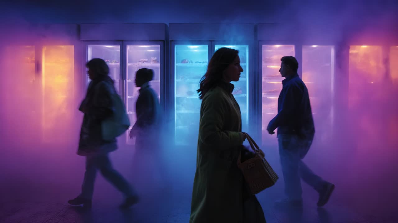 A Mystical Scene Featuring Silhouetted Figures Walking Past Colorful Refrigerators Amidst a Dreamlike Fog, Creating an Enigmatic Atmosphere and Captivating Visual Contrast in the Environment