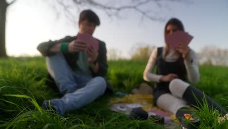 couple playing cards in park