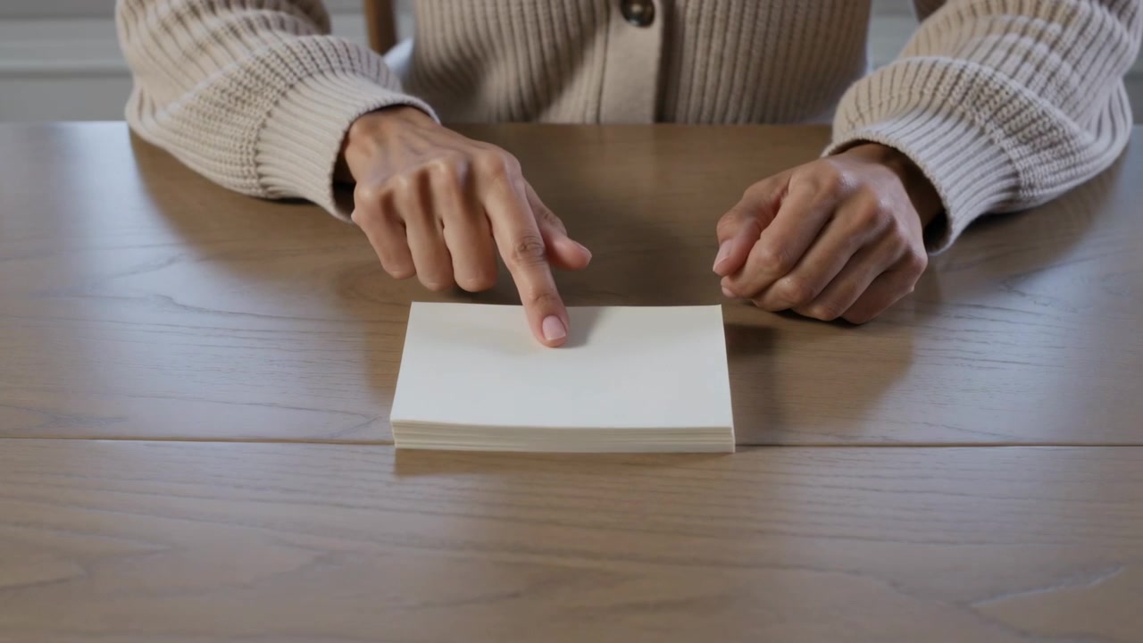 Lowering sheet, woman in ribbed cardigan aligning edges at home table, tapping paper stack center